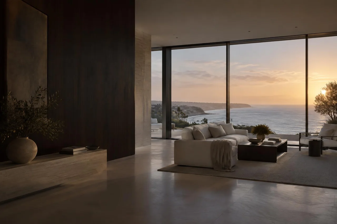 Living room of a private coastal residence overlooking the Pacific at sunset, the kind of high-value real estate at issue in a high net worth divorce