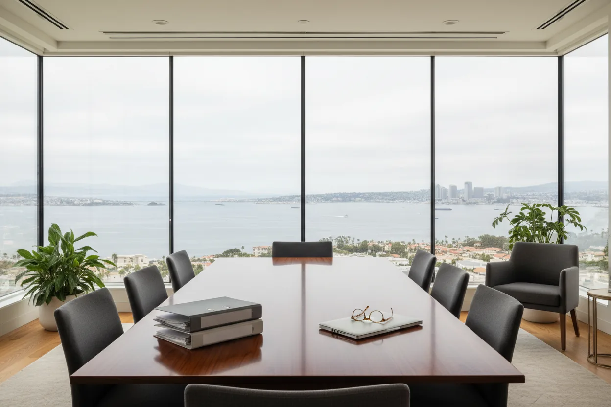 Conference room with financial binders on the table, overlooking San Diego Bay, for a high net worth divorce that involves a business or professional practice