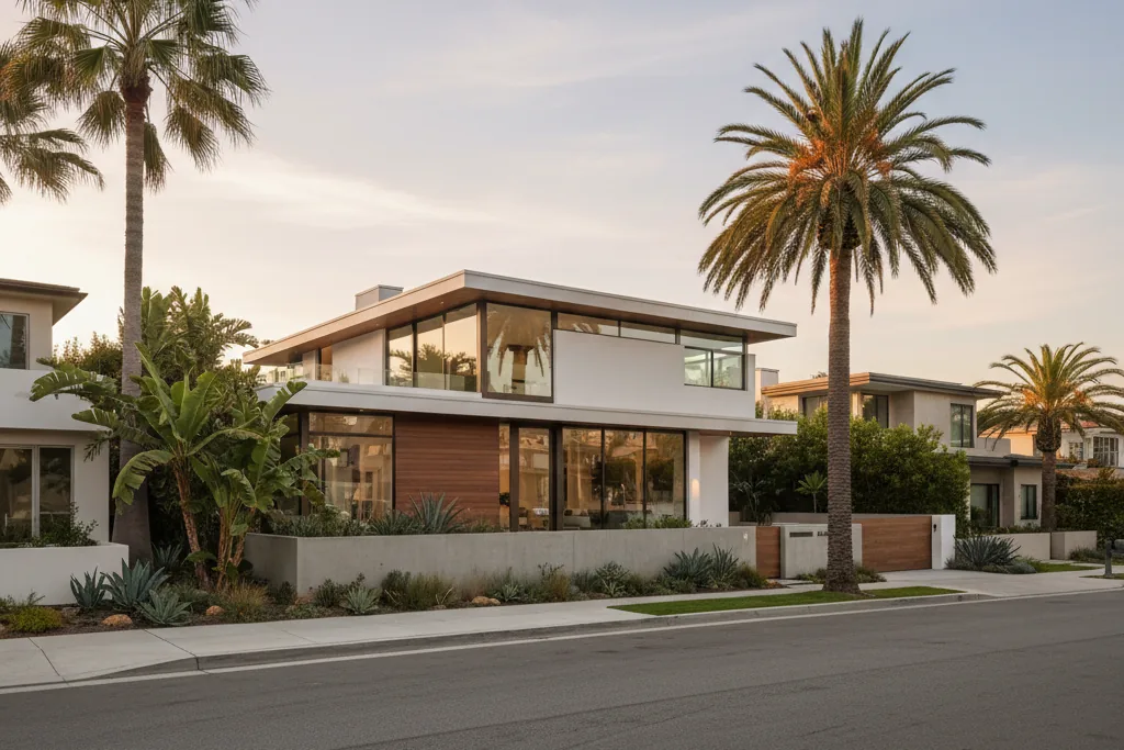 Modern coastal home on a palm-lined San Diego street, the kind of real estate divided in a high net worth divorce